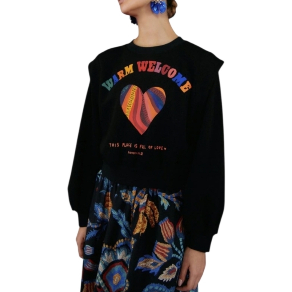Farm Rio Welcome Ruffled Croped Sweatshirt Black Multicolor Festival Beach Cozy